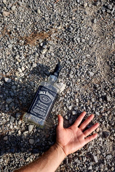 Valencia Spagna Agosto 2020 Una Bottiglia Vuota Whisky Jack Daniels — Foto Stock