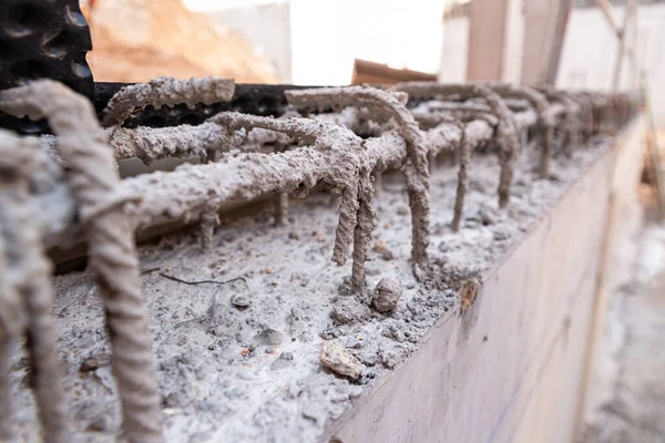 Detail Steel Bars Cement Reinforced Concrete Foundations Wall Building Construction — Stock Photo, Image