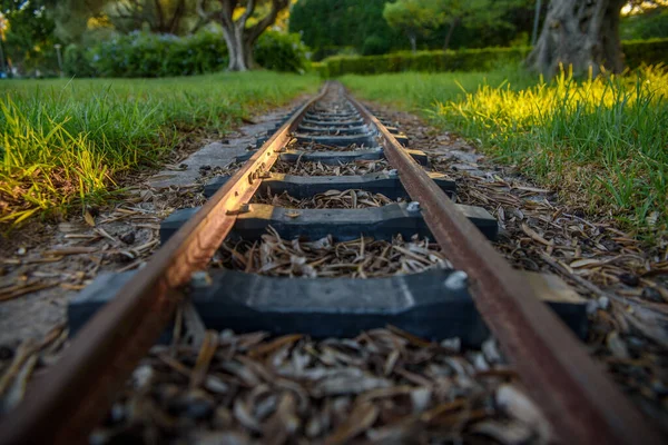 Viejas Vías Tren Miniatura Atardecer —  Fotos de Stock