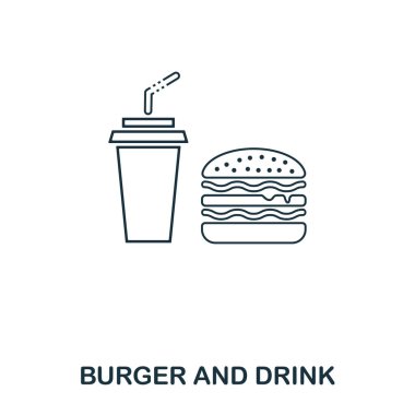 Basit anahat simgesini Burger ve içki. Piksel mükemmel doğrusal eleman. Burger içip simgesi anahat tarzı mobil uygulaması, web kullanıcı arabirimi, kullanmak için yazdırma.