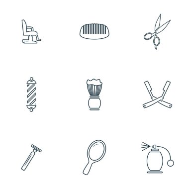 Berber Icons set. Köpük fırça simgesini, ayna simgesi, makas simgesi, Kuaför koltuğu ve daha fazla. Premium kalite simgesi derleme. Basit öðeler berber Icon set.