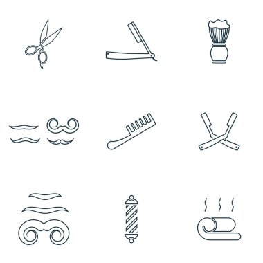 Berber Icons set. Ustura, tarak simgesi, bıyık simgesi, havlu simgesini ve daha fazla. Premium kalite simgesi derleme. Basit öðeler berber Icon set.