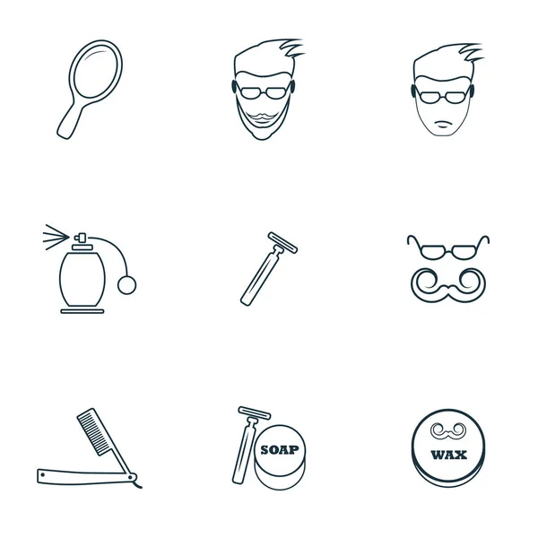 Barbershop ikoner set. Rakkniv med en blade ikon, spray ikon, en man med ett skägg ikon och mycket mer. Premium kvalitet symbol samling. Barbershop Ikonuppsättning enkla element. — Stock vektor