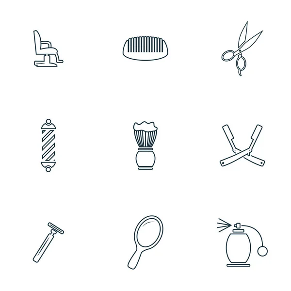 Barbershop ikoner set. Skum pensel ikon, spegel ikon, sax-ikonen, Frisör stol och mer. Premium kvalitet symbol samling. Barbershop Ikonuppsättning enkla element. — Stock vektor