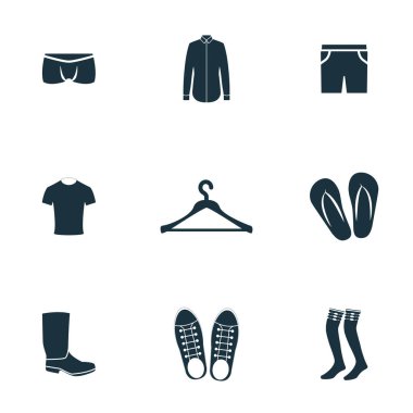 Giysi Icons set. Simge, askı simgesi, flip flop simgesini ve daha fazla ayakkabı. Premium kalite simgesi derleme. Basit öðeler giyim Icon set.