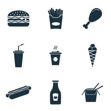 Fastfood Icons set. Sosisli sandviç simgesi, kahve simgesi, ketçap simgesini ve daha fazlası. Premium kalite simgesi derleme. Basit öðeler fastfood Icon set.