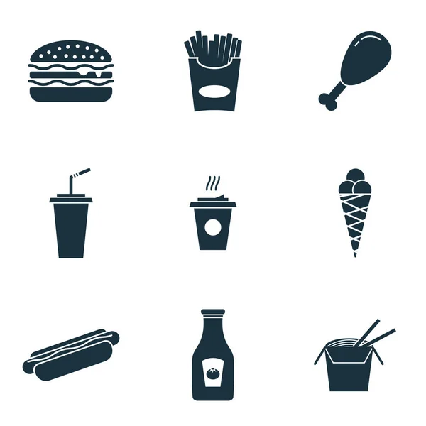 Conjunto de iconos de comida rápida. Icono de Hot Dog, icono de café, icono de ketchup y más. Colección de símbolos de calidad premium. Fastfood icono conjunto de elementos simples . —  Fotos de Stock