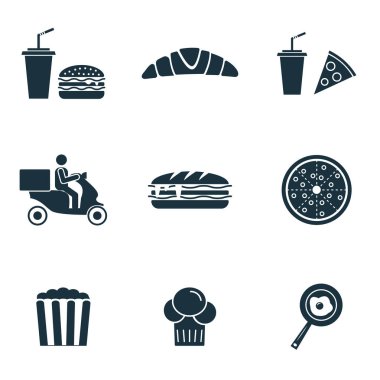 Fastfood Icons set. Patlamış mısır simgesi, kruvasan simgesi, pizza simgesini ve daha fazlası. Premium kalite simgesi derleme. Basit öðeler fastfood Icon set.