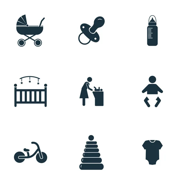 Babysymbole gesetzt. Flasche mit Schnuller-Symbol, Babybett-Symbol, Wickeltisch-Symbol und mehr. hochwertige Symbolkollektion. Baby Icon Set einfache Elemente. — Stockvektor