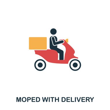 Motosiklet gıda teslim simgesi. Mobil uygulamalar, baskı ve daha fazla kullanım. Basit öğe şarkı. Tek renkli gıda teslim Moped simge tasarlamak