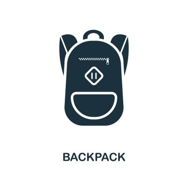 Sırt çantası simgesi. Tek renkli stil simgesi tasarım okulu simgesi koleksiyonundan. UI. Sırt çantası simgesini Illustration. Beyaz izole piktogram. Web tasarımında kullanıma hazır, apps, yazılım, yazdırma.