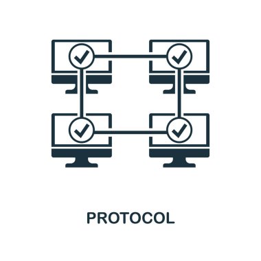 İletişim kuralı simge. Tek renkli stil tasarım blockchain simgesi koleksiyonundan. Kullanıcı arabirimi ve UX Pixel mükemmel iletişim kuralı simgesi. Web Tasarım, apps, yazılım, yazdırma kullanım için.