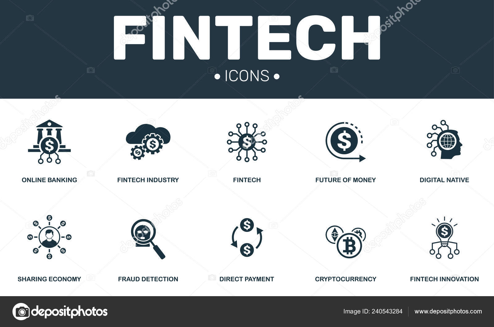 Fintech는 아이콘 컬렉션을 설정합니다. 디지털 네이티브, Cryptocurrency 및 직접 지불 프리미엄 아이콘의 미래 등  간단한 요소 포함 스톡 벡터 - ©aimagenarium.gmail.com 240543284
