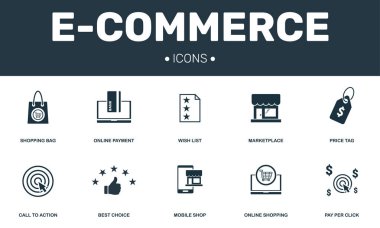 E-ticaret simgeler koleksiyon küme. İstek listesi, Pazar yeri, Online ödeme, tıklama başına ödeme tıklayın ve eylem sigorta primi simgeler için arama gibi basit öðeleri içerir