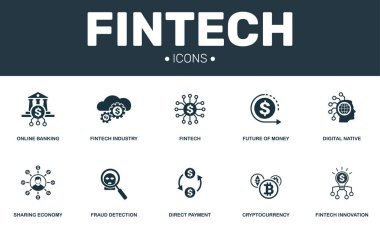 Fintech simgeler koleksiyon küme. Gelecek para, dijital yerli, Cryptocurrency ve doğrudan ödeme prim simgeler gibi basit unsurları içerir
