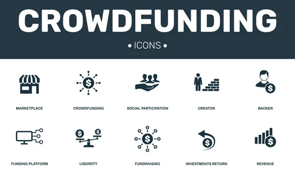 Crowdfunding establece la colección de iconos. Incluye elementos simples como Marketplace, Creator, Backer, Plataforma de financiación e iconos premium de Recaudación de Fondos — Archivo Imágenes Vectoriales