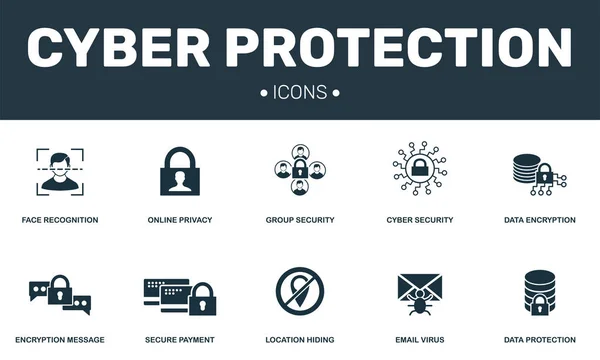 사이버 보호 아이콘 컬렉션을 설정합니다. 온라인 개인 정보 보호, 사이버 보안, 얼굴 인식 및 데이터 프리미엄 아이콘 등 간단한 요소 포함 — 스톡 벡터