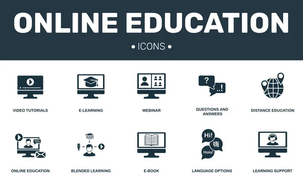 Educación en línea establece la colección de iconos. Incluye elementos simples como E-learning, Webinar, E-book, Blended learning premium icons — Vector de stock