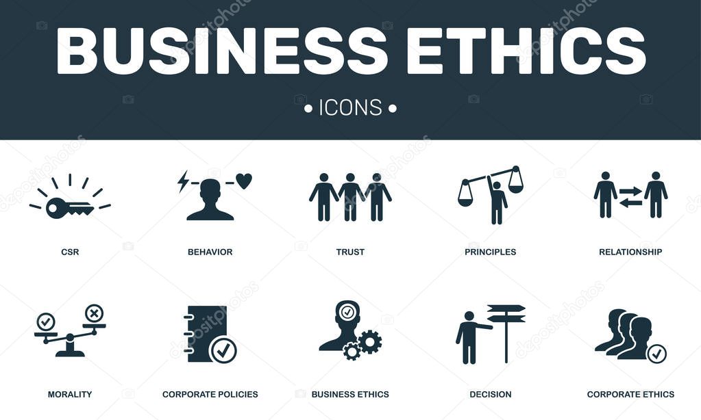 Business Ethics set icons collection. Includes simple elements such as CSR, Behavior, Trust, Principles and Morality premium icons