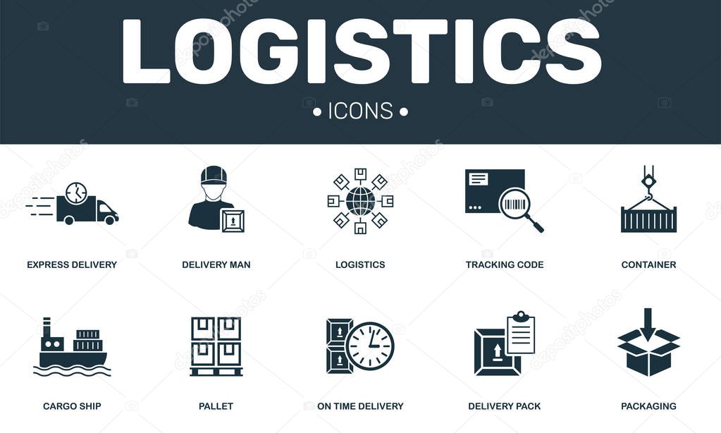 Logistics set icons collection. Includes simple elements such as Express delivery, Pallet, Packaging, Cargo Ship and Container premium icons