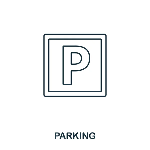 Icône de parking. Décrivez le style de ligne mince de la collection d'icônes d'aéroport. Pixel parfait icône de stationnement pour la conception web, applications, logiciels, utilisation de l'impression — Image vectorielle