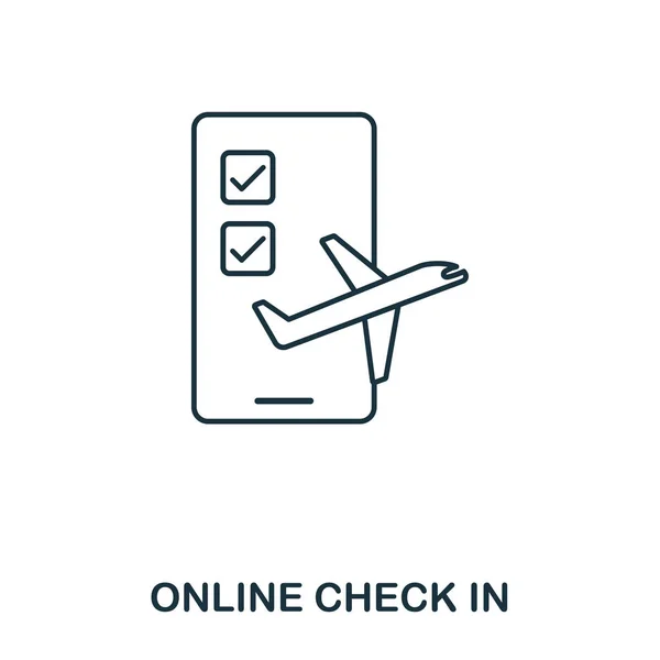 オンライン チェックイン アイコン。空港のアイコン コレクションから細い線スタイルの概要を示します。Web デザイン、アプリケーション、ソフトウェア、印刷使用のピクセル完璧なオンライン チェックイン アイコン — ストックベクタ