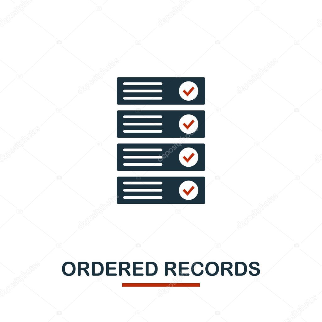 Ordered Records icon. Creative two colors design from crypto currency icons collection. Simple pictogram ordered records icon for web design, apps, software, print usage