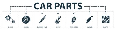 Araç parçaları kümesi simgeler koleksiyonu. Motor, fren, kıvılcım-tak, piston, yakıt filtresi, susturucu, araba fanı prim simgeleri gibi basit unsurları içerir.