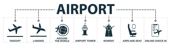 Aeroporto conjunto de ícones coleção. Inclui elementos simples, como decolagem, pouso, em todo o mundo, assento de avião, pista, ícones de check-in on-line premium . — Fotografia de Stock