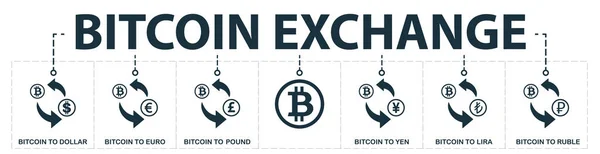 Bitcoin Exchange establece la colección de iconos. Incluye elementos simples como Bitcoin To Dollar, Bitcoin To Euro, Libra británica, Yen, Lira turca y rublo iconos premium —  Fotos de Stock