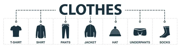 洋服セットアイコンコレクション。T シャツ、シャツ、パンツ、ジャケット、帽子、パンツ、ソックスプレミアムアイコンなどのシンプルな要素が含まれています — ストック写真