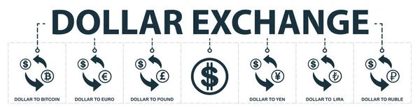 Dollar Exchange beállított ikonok gyűjteménye. Tartalmaz egyszerű elemek mint dollár-hoz Bitcoin, dollár-hoz euró, dollár-hoz angol apróra tör, török líra és rubel prémium ikonok — Stock Fotó
