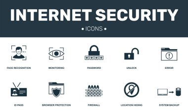 Internet security simgeler koleksiyon küme. Parola, güvenlik duvarı, hata, Unlock ve tarayıcı koruması sigorta primi simgeler gibi basit unsurları içerir