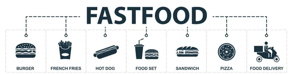 Colección de iconos de juego de comida rápida. Incluye elementos simples como hamburguesa, papas fritas, Hot Dog, hamburguesa y bebida, sándwich, pizza e iconos premium de entrega de alimentos con mopa —  Fotos de Stock