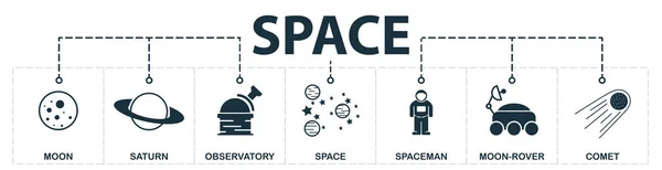 空间集图标集合。包括简单的元素, 如月亮、土星、天文台、恒星、太空人、月亮漫游者和 Ufo 高级图标 — 图库照片