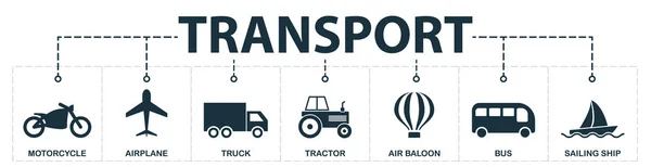 Kolekcja zestaw ikon transportu. Zawiera proste elementy, takie jak motocykl, samolot, ciężarówka, ciągnik, Air Ballon, autobus i żaglowiec ikony Premium. — Zdjęcie stockowe