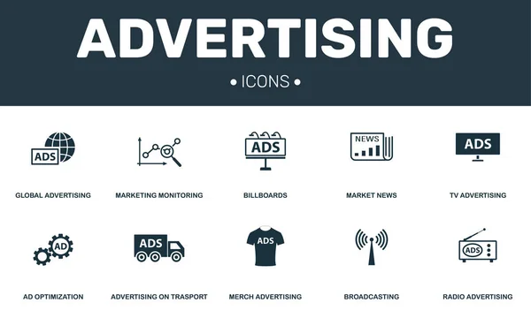 Reclame iconen collectie instellen Eenvoudige kernelementen zoals Marketing, Billboards, Merch, Ad optimalisatie premium pictogrammen — Stockfoto