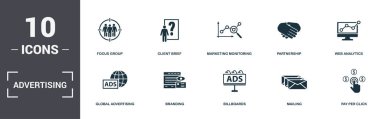 Reklam seti simgeleri koleksiyonu. Focus Group, Client Brief, Marketing Monitoring, Partnership, Web Analytics, Branding ve Billboards premium simgeleri gibi basit öğeleri içerir