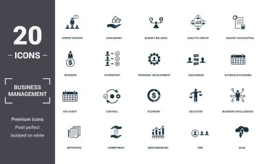 Business Management simgeleri toplamayı ayarlar. Uzman Görüşü, Kredi Parası, Bütçe Dengesi, Analitik Grup, Bütçe Muhasebesi, Kontrol ve Ekonomi primi simgeleri gibi basit unsurları içerir