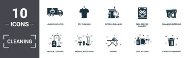 Temizleme kümesi simgeleri koleksiyonu. Loundry Delivery, Dry Cleaning, Express Cleaning, Self-Servis Laundry, Cleaning Materials, Banyo Temizleme ve Ütü prim ikonları gibi basit unsurları içerir