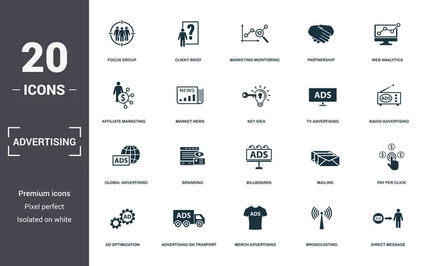 Samling ikoner för reklam uppsättning. Innehåller enkla element som fokusgrupp, kund kort, marknadsföring övervakning, partnerskap, webbanalys, branding och affischtavlor Premium ikoner — Stock vektor