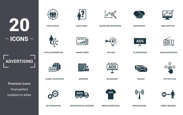 Reklam seti simgeleri koleksiyonu. Focus Group, Client Brief, Marketing Monitoring, Partnership, Web Analytics, Branding ve Billboards premium simgeleri gibi basit öğeleri içerir