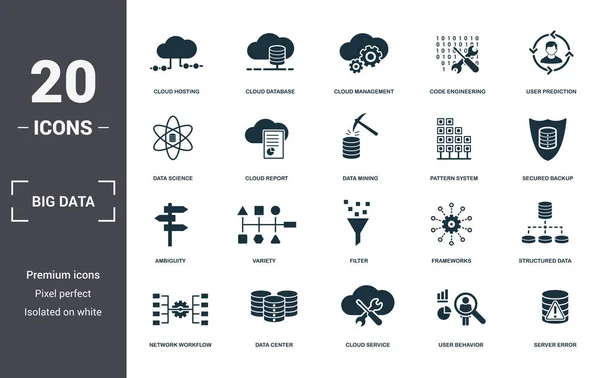 Big Data simge koleksiyonu ayarladı. Bulut Sunucusu, Bulut Veritabanı, Bulut Yönetimi, Kod Mühendisliği, Kullanıcı Öngörüsü, Çeşitlilik ve Filtre premium simgeleri gibi basit unsurları içerir