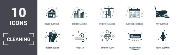 Colección de iconos de set de limpieza. Incluye elementos simples como limpieza de la casa, limpieza de oficina, limpieza de ventanas, horario de limpieza, limpieza húmeda, aire fresco e iconos premium de Crystal Clear — Vector de stock