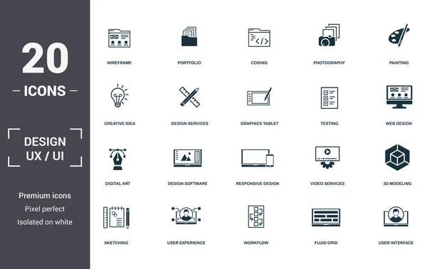 Diseño Ui y Ux conjunto de iconos de la colección. Incluye elementos simples como Wireframe, Portfolio, Codificación, Fotografía, Pintura, Software de diseño e iconos premium de diseño responsivo — Vector de stock