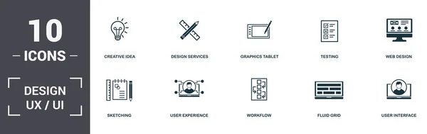 Design Ui et Ux ensemble icônes collection. Comprend des éléments simples tels que les services de conception, tablette graphique, test, conception Web, art numérique, flux de travail et les icônes premium Fluid Grid — Image vectorielle