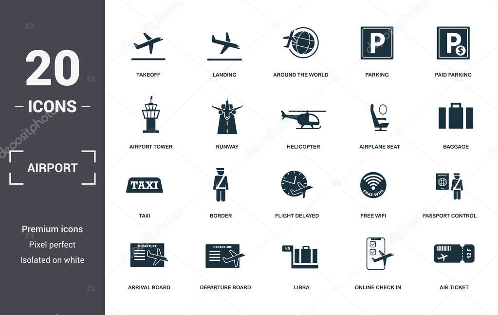 Airport set icons collection. Includes simple elements such as Takeoff, Landing, Around The World, Parking, Paid Parking, Airport Tower and Runway premium icons