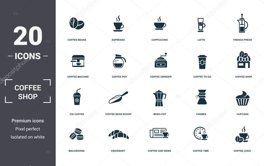 Coffe Shop set icons collection. Includes simple elements such as Coffee Beans, Espresso, Cappuccino, Latte, French Press, Coffee Bean Scoop and Moka Pot premium icons