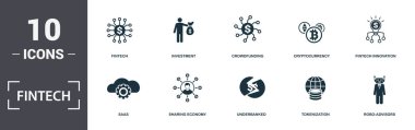Fintech simgeleri koleksiyonunu ayarlar. Fintech, Investment, Crowdfunding, Cryptocurrency, Fintech Innovation, Sharing Economy ve Underbanked premium simgeleri gibi basit öğeleri içerir