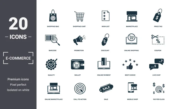 E-Commerce set ikoner samling. Inkluderar enkla element som shopping bag, kundvagn, önskelista, Marketplace, prislapp, plånbok och online betalning Premium ikoner — Stock vektor